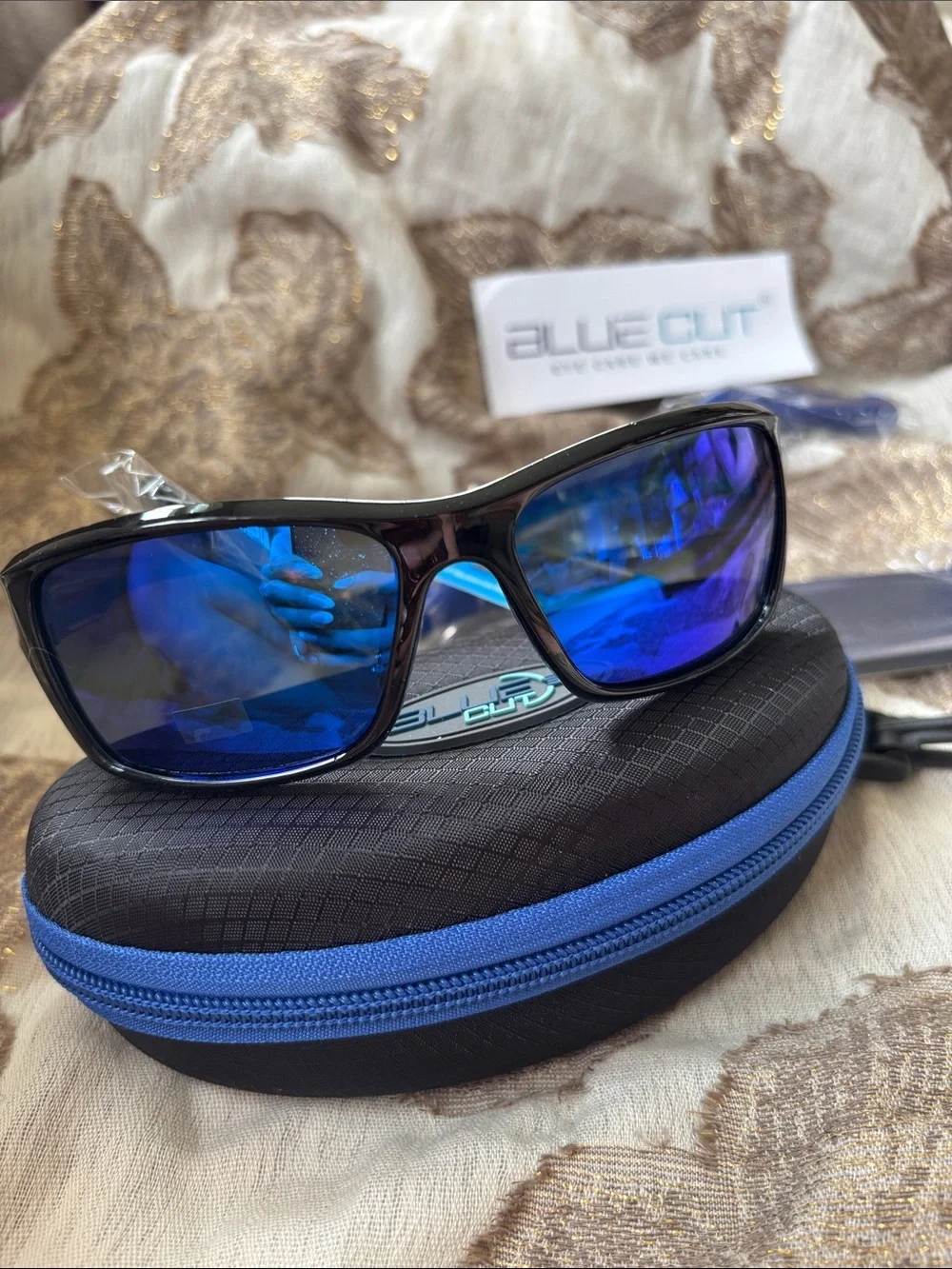 Blue Cut Polarized Blue Mirror Lens Shiny Black Frame Sunglasses Sporty Wrap
